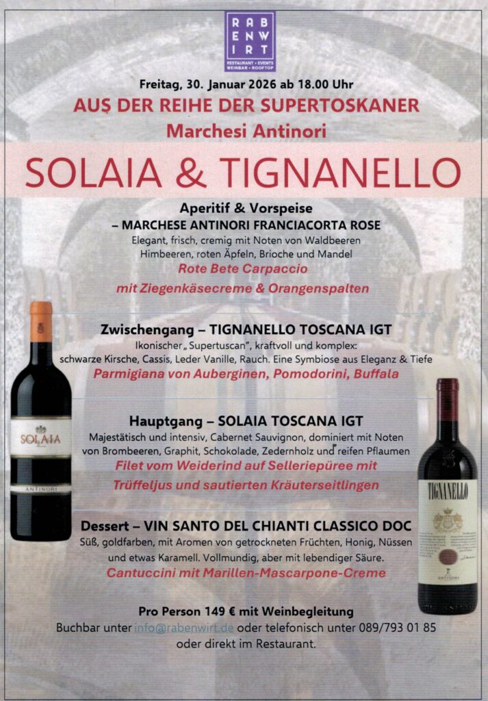 Die Karte vom Menü mit Weinbegleitung